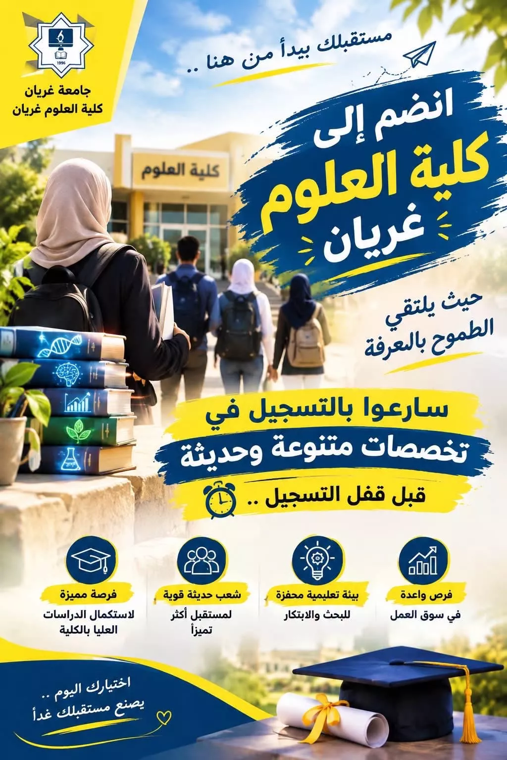 إلى الطلبة الجدد الراغبين في الالتحاق بكلية العلوم – غريان 🎓 لا تؤجل تسجيلك… ابدأ مستقبلك الآن!