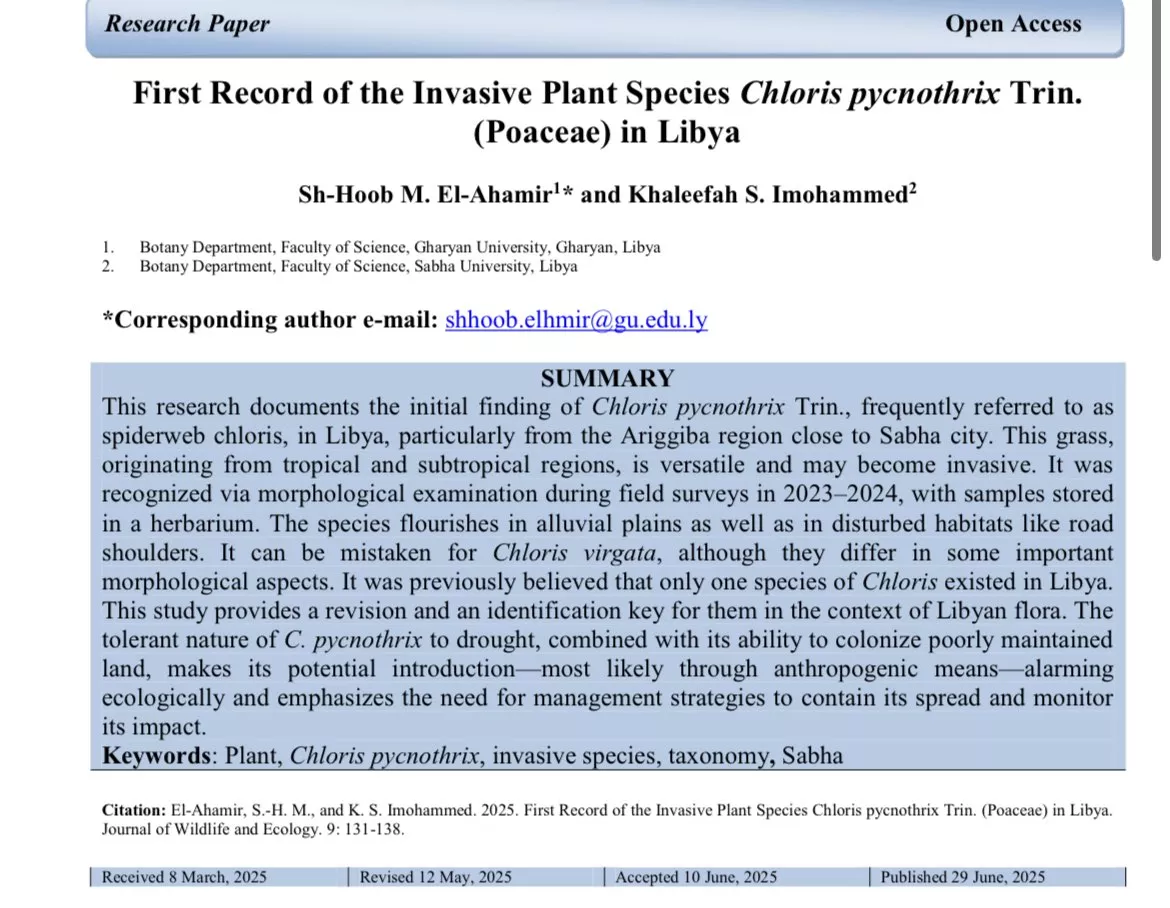 نشر ورقة علمية بعنوان: “First Record of the Invasive Plant Species Chloris pycnothrix Trin. (Poaceae) in Libya”