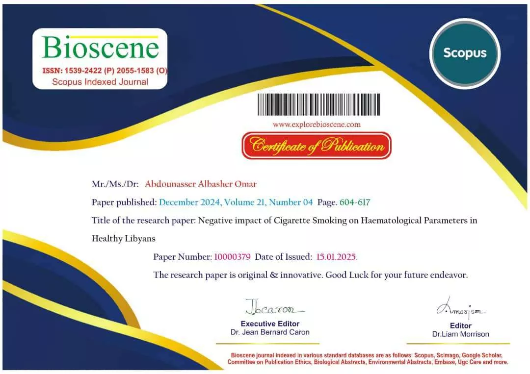 ‏“Negative Impact of Cigarette Smoking on Haematological Parameters in Healthy Libyans”