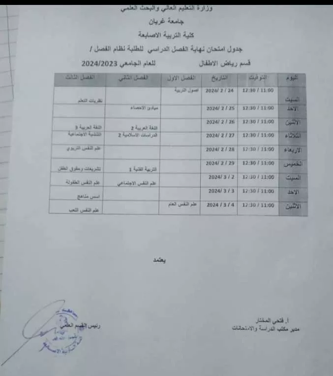 جدول الامتحان النهائي لنظام الفصل لقسم رياض الأطفال (خريف - 2024/2023