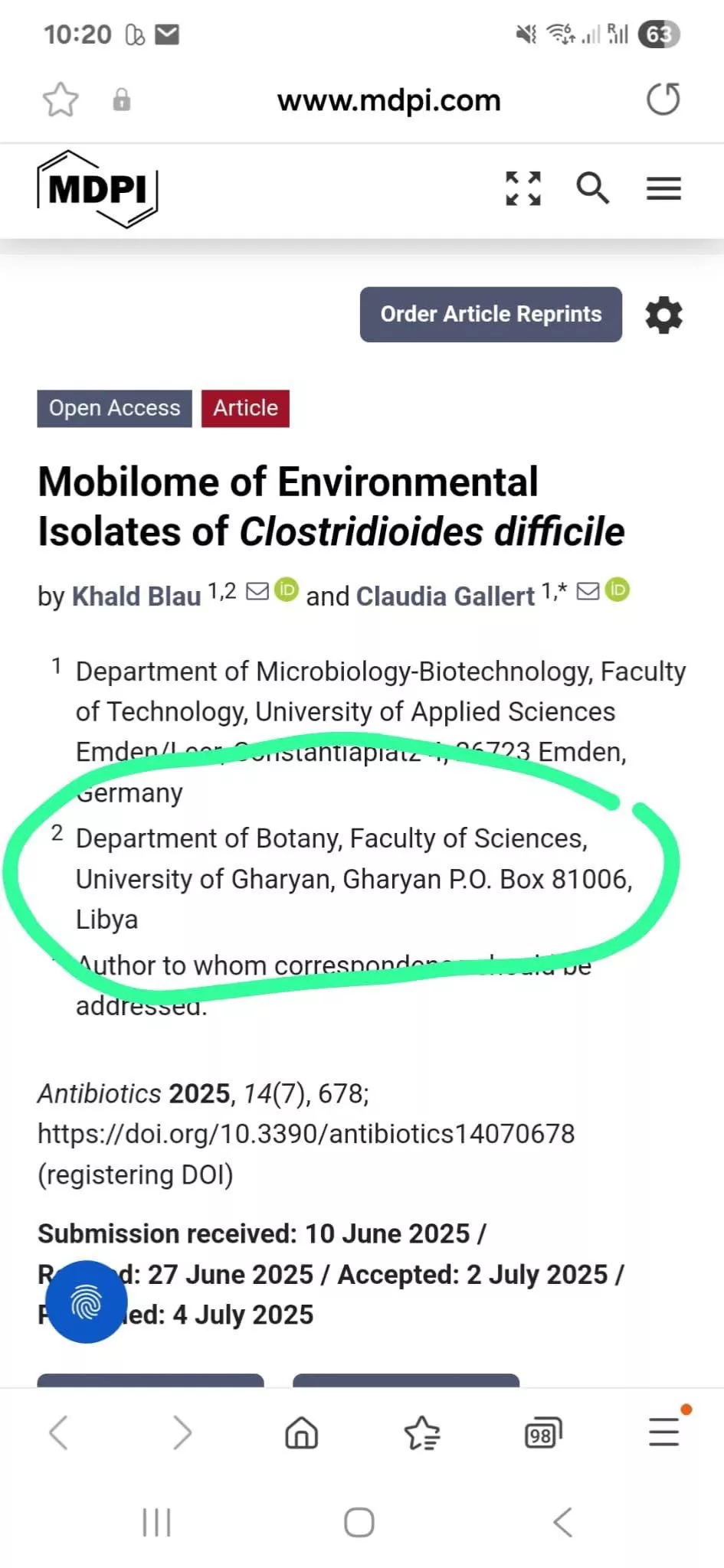 نشر ورقة بحثية بعنوان: “Mobilome of Environmental Isolates of Clostridioides difficile”