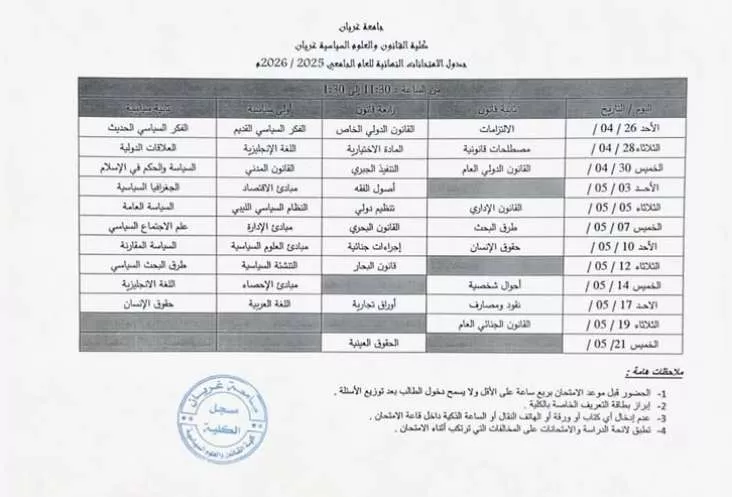 Final exam schedule
