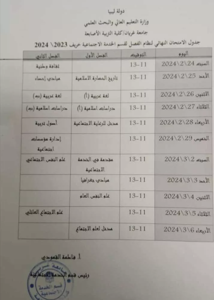 جدول الامتحان النهائي لنظام الفصل لقسم الخدمة الاجتماعية فصل (خريف - 2024/2023م